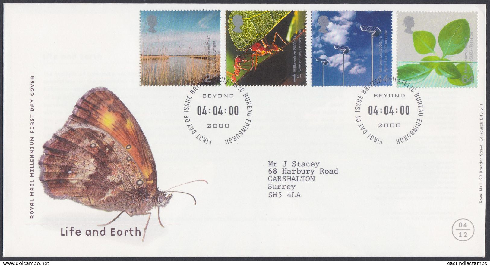 GB Great Britain 2000 FDC Life And Earth, Ant, Solar Panel, Cloud, Leaf, Insect, Pictorial Postmark, First Day Cover - Lettres & Documents