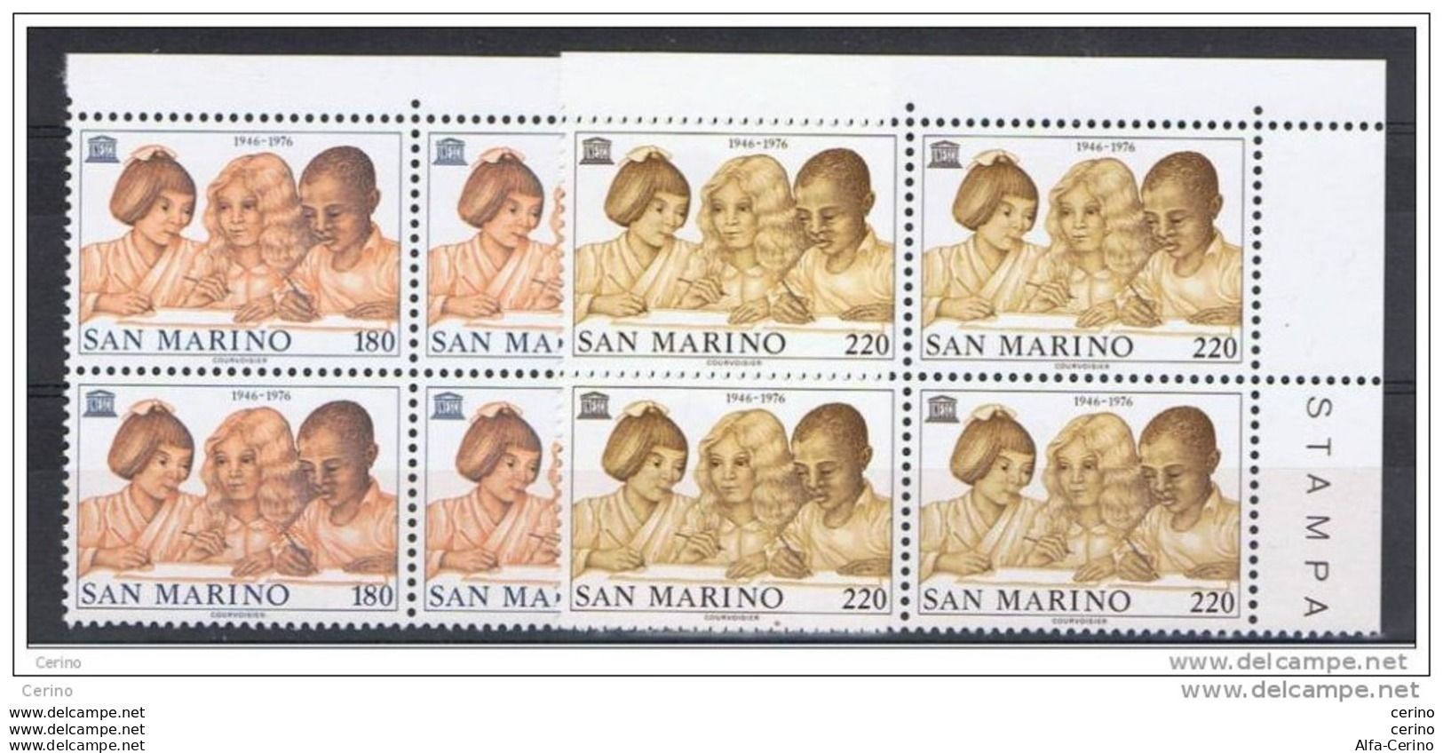 SAN  MARINO:  1976  UNESCO  -  S. CPL. 2  VAL. BL. 4  N. -  SASS. 971/72 - Blokken & Velletjes