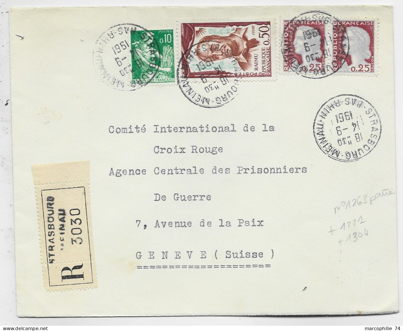 MARIANNE DECARIS 25CPAIRE +10C +50C RAIMU LETTRE REC STRASBOURG 14.9.1961  POUR SUISSE AU TARIF - 1960 Marianne (Decaris)
