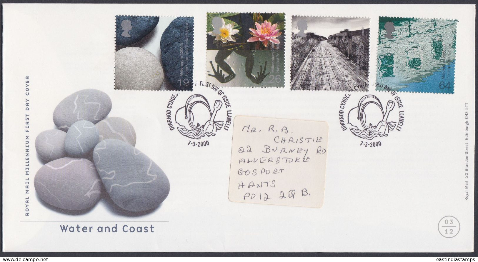 GB Great Britain 2000 FDC Water And Coast, Frog, Tide, Ocean, Stones, Pictorial Postmark, First Day Cover - Covers & Documents