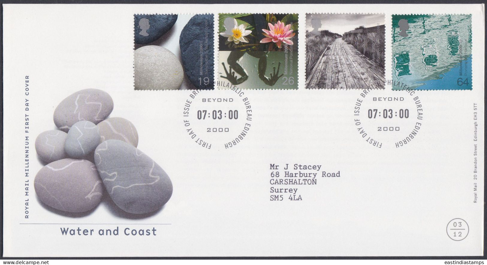 GB Great Britain 2000 FDC Water And Coast, Frog, Tide, Ocean, Stones, Pictorial Postmark, First Day Cover - Lettres & Documents