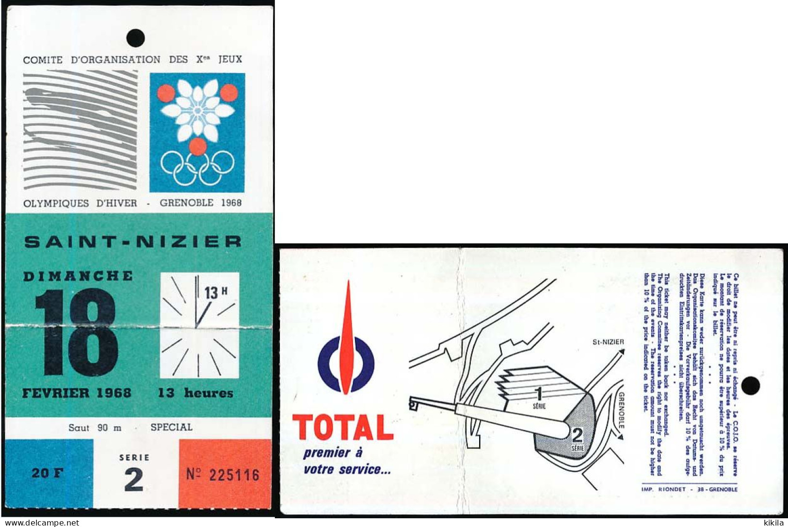 Billet SAINT-NIZIER-DU -MOUCHEROTTE 18 Février Jeux Olympiques D'hiver Grenoble 1968 Saut 90 M Spécial Série 2 20f - Toegangskaarten