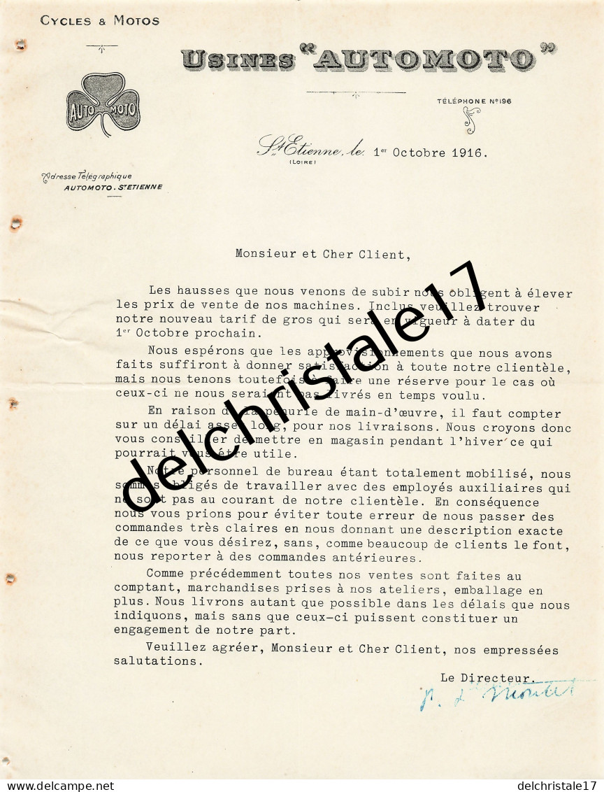 42 0494 SAINT ÉTIENNE LOIRE 1916 Information Hausse Des Tarifs 1916 Cycles AUTOMOTO Des Usines AUTOMOTO  - 1900 – 1949