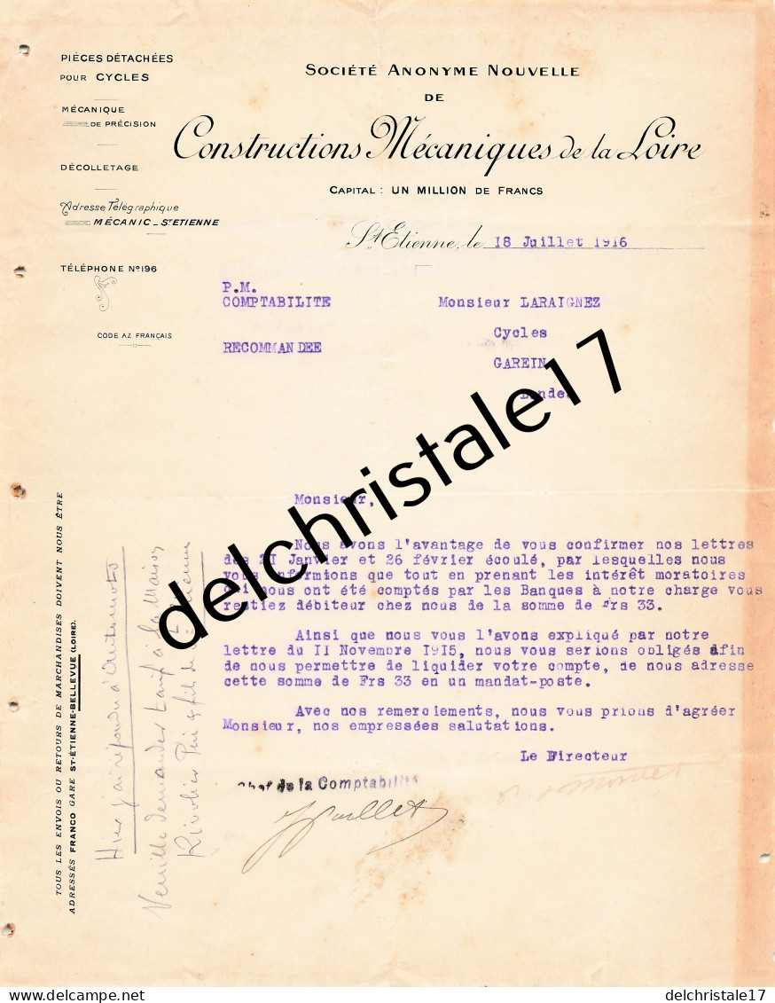 42 0498 ST ETIENNE LOIRE 1916 Pièces Pour Cycles Décolletage Mécanique Précision Constructions Mécécaniques De La Loire  - Automovilismo