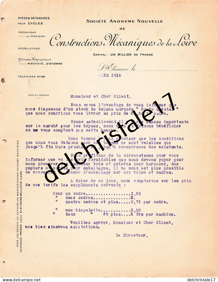 42 0497 ST ETIENNE LOIRE 1916 Pièces Pour Cycles Décolletage Mécanique Précision Constructions Mécécaniques De La Loire  - Petits Métiers