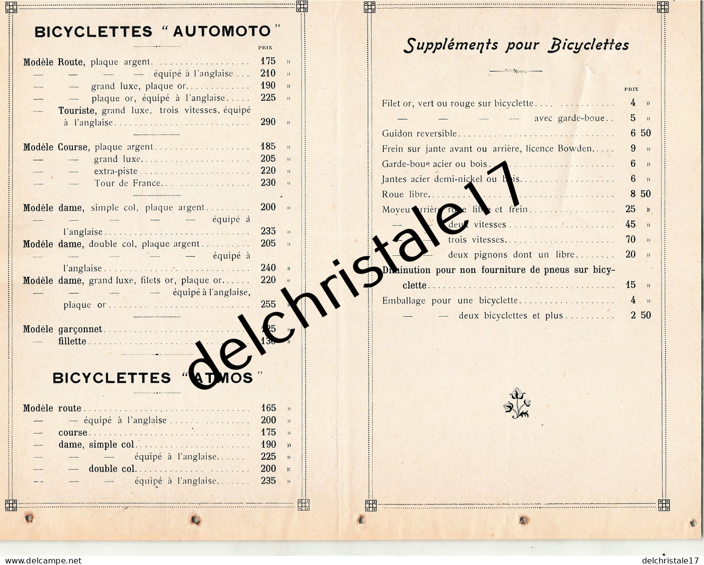 42 0489 SAINT ÉTIENNE LOIRE 1916 Tarif Confidentiel Octobre 1916 Cycles AUTOMOTO Des Usines AUTOMOTO  - 1900 – 1949