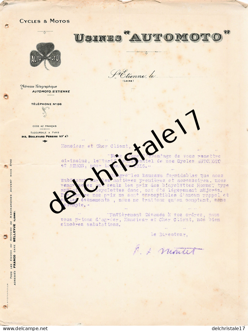 42 0493 SAINT ÉTIENNE LOIRE 1916 Tarif Confidentiel Octobre 1916 Cycles AUTOMOTO Des Usines AUTOMOTO à LARAIGNEZ - 1900 – 1949