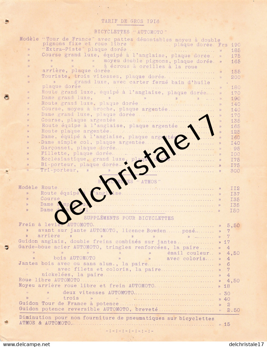 42 0493 SAINT ÉTIENNE LOIRE 1916 Tarif Confidentiel Octobre 1916 Cycles AUTOMOTO Des Usines AUTOMOTO à LARAIGNEZ - 1900 – 1949