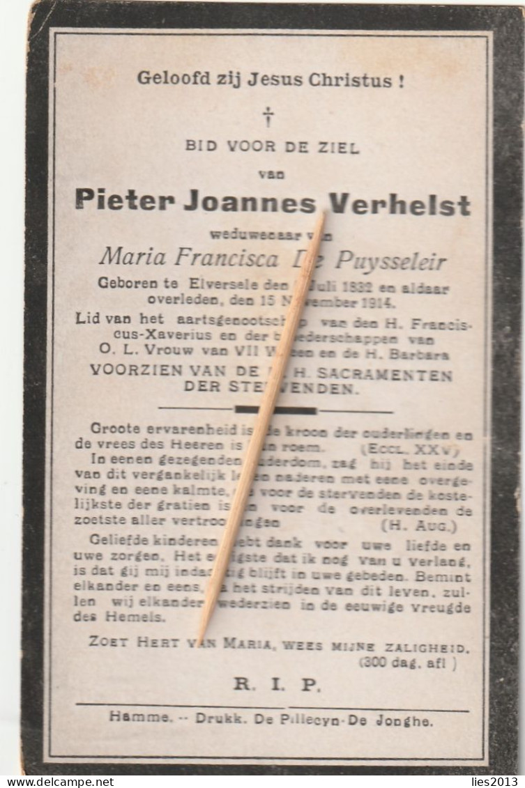 Elvesele,1914, Pieter Verhelst, De Puysseleir - Devotion Images