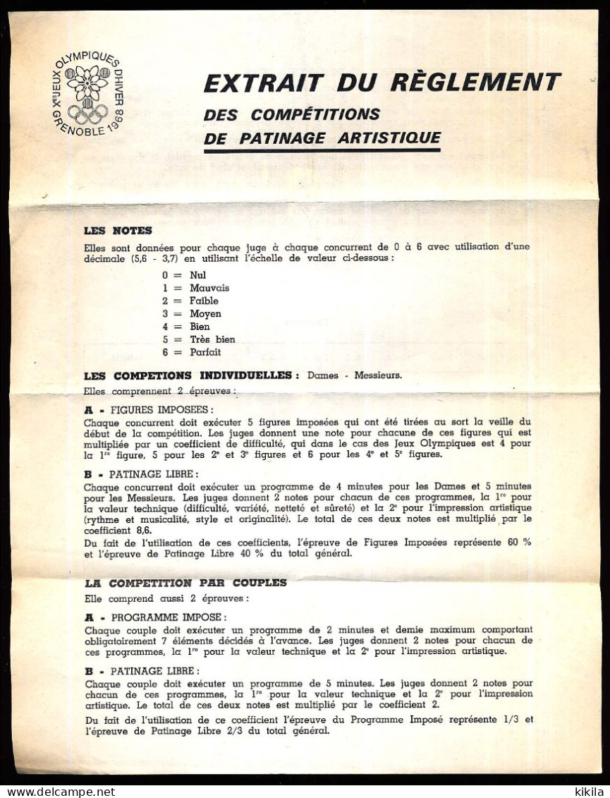 Extrait Du Règlement Des Compétitions De Patinage Artistique X° Jeux Olympiques D'Huver De GRENOBLE 1968 - Autres & Non Classés