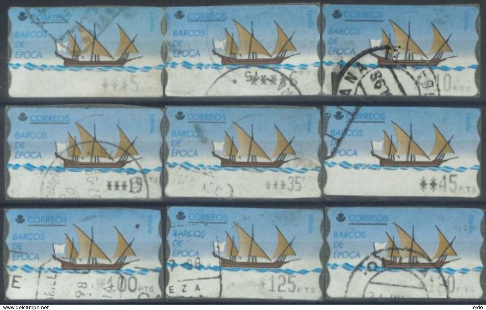 SPAIN- 1999, VINTAGE BOATS STAMPS LABELS SET OF 9, DIFFERENT VALUES, USED. - Oblitérés