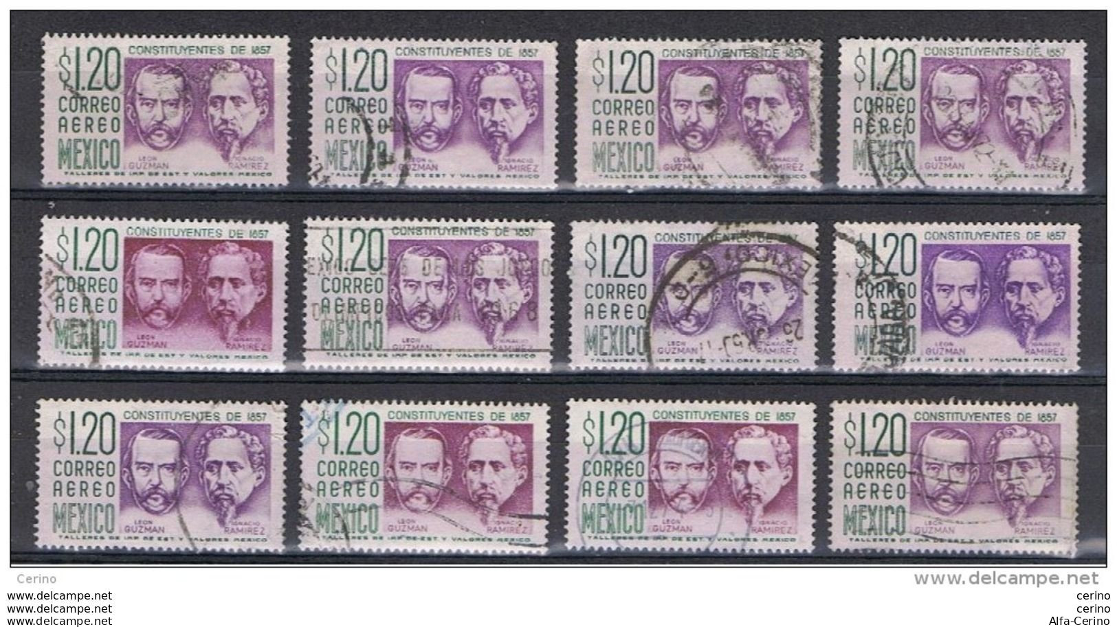 MESSICO:  1956  P.A.  COSTITUZIONE  -  1,20 P.  VERDE  SCURO  E  LILLA  US. -  RIPETUTO  12  VOLTE  -  YV/TELL. 198 - México