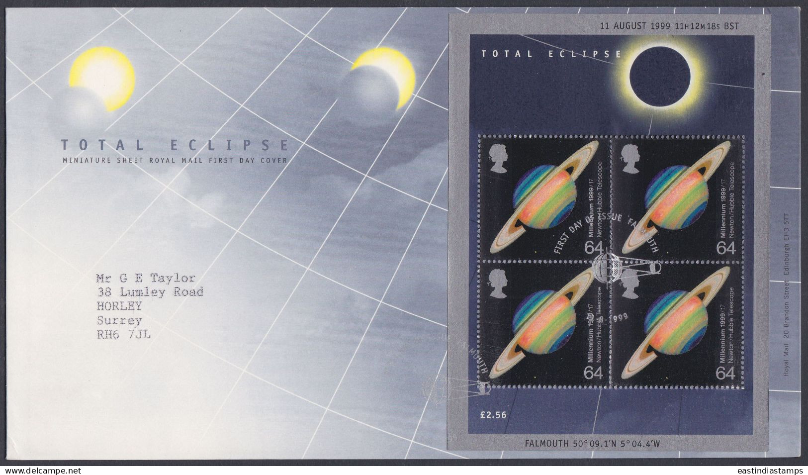 GB Great Britain 1999 FDC Total Eclipse, Saturn, Planet, Sun, Moon, Hubble Telescope Pictorial Postmark, First Day Cover - Brieven En Documenten
