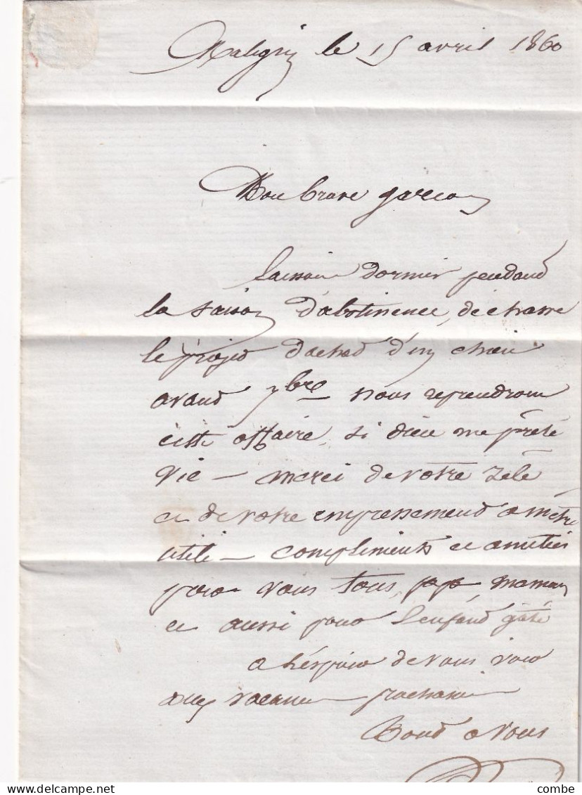 LETTRE. 15 AVRIL 1860. N° 14. MARIGNY LE CHATEAU. SAONE ET LOIRE. PCGC 2221.  BOITE RURALE A = MALIGNY. POUR FARGEAU. - 1849-1876: Période Classique