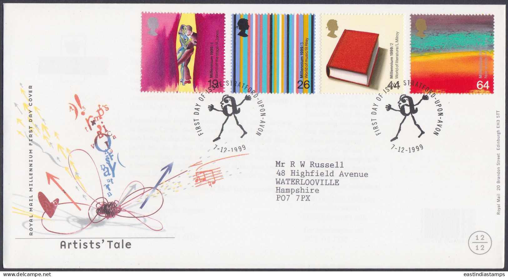 GB Great Britain 1999 FDC Artists' Tale, Art, Artist, Arts, Book, Music, Theatre, Pictorial Postmark, First Day Cover - Covers & Documents