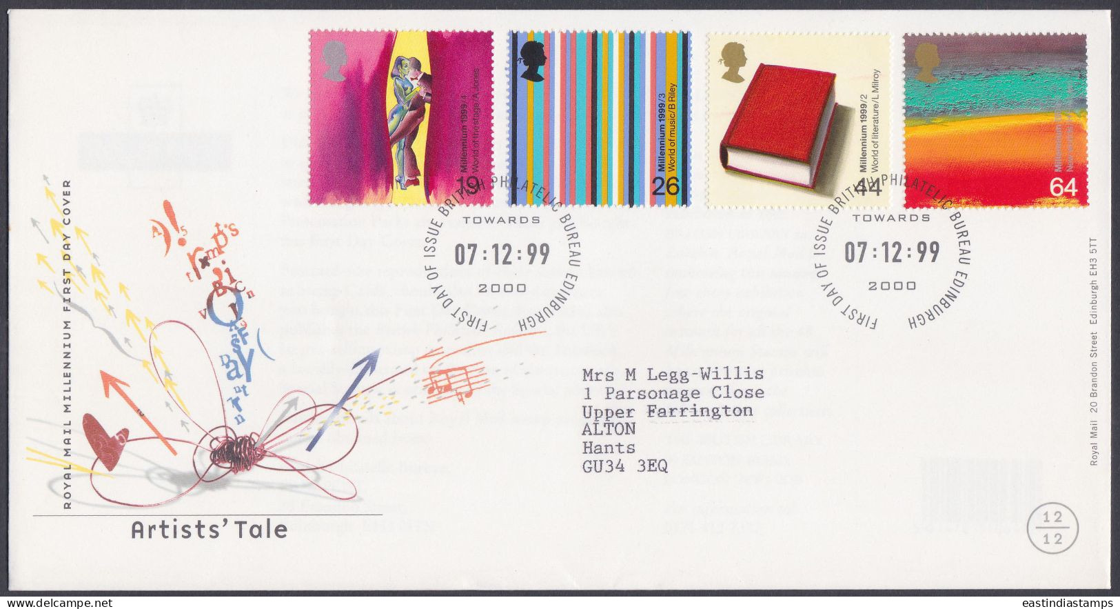 GB Great Britain 1999 FDC Artists' Tale, Art, Artist, Arts, Book, Music, Theatre, Pictorial Postmark, First Day Cover - Lettres & Documents