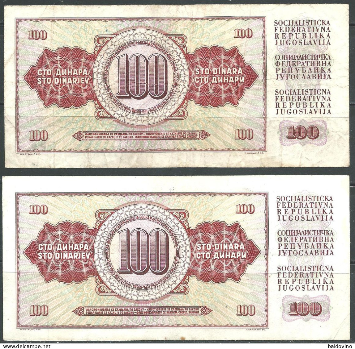Jugoslavia 1981 100 Dinari 2 Banconote - Jugoslavia