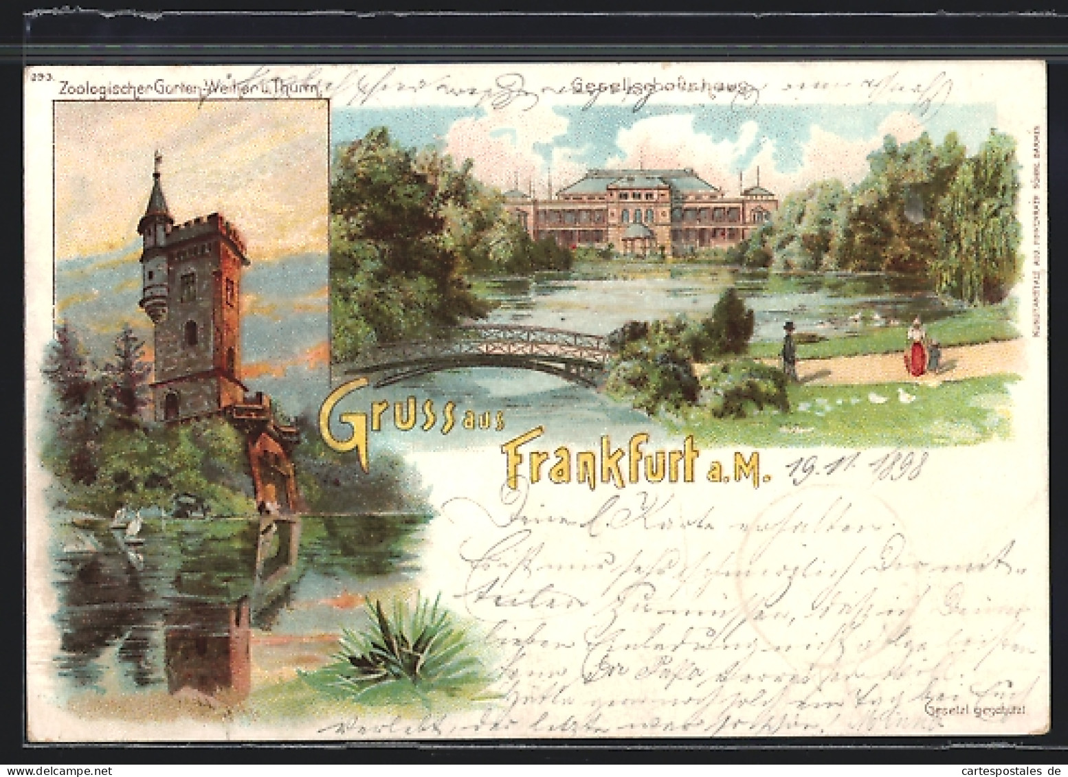 Lithographie Frankfurt-Ostend, Zoologischer Garten, Weiher Und Turm, Gesellschaftshaus  - Frankfurt A. Main