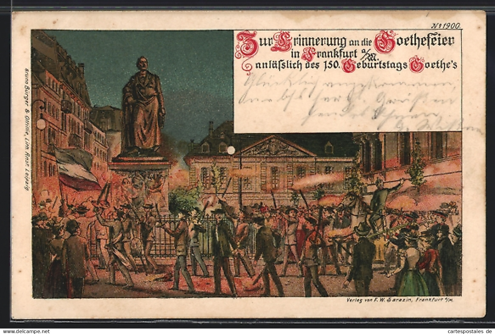 Lithographie Frankfurt /Main, 150. Goethefeier Am Goethe-Denkmal  - Frankfurt A. Main