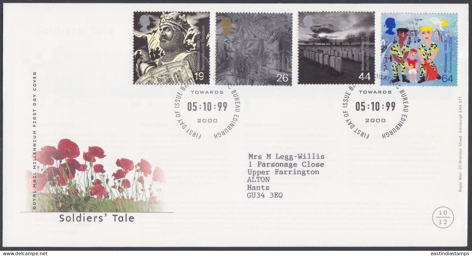 GB Great Britain 1999 FDC Soldiers' Tale, Bird, Dove, Birds, Graveyard, Grave Flower Pictorial Postmark, First Day Cover - Covers & Documents