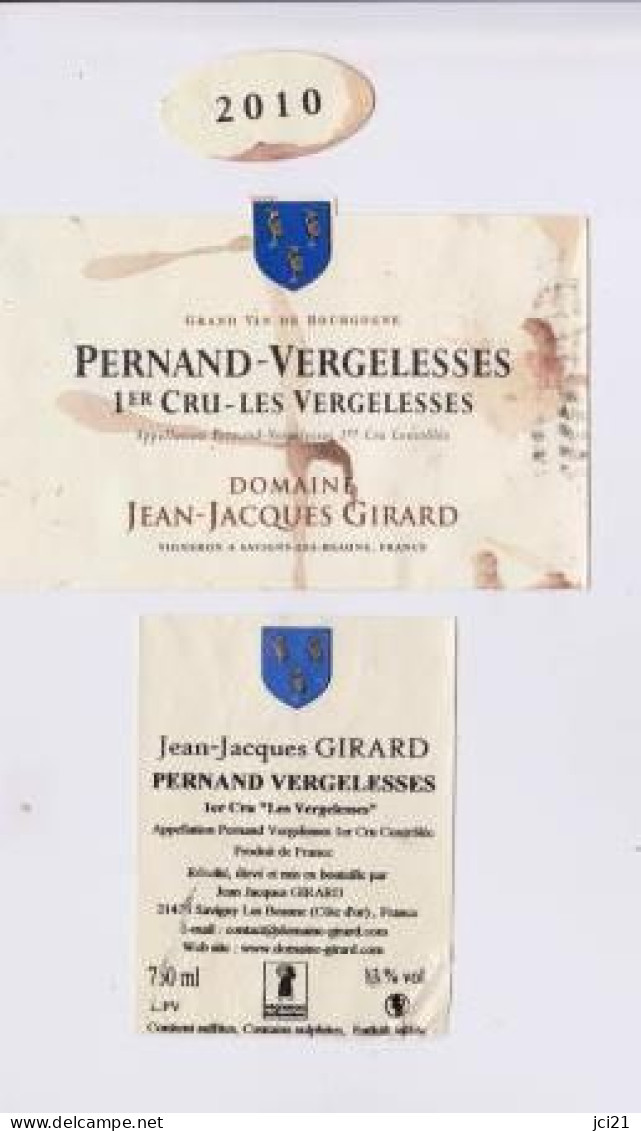 Etiquette, Contre étiquette Et Millésime " PERNAND-VERGELES 1er Cru 2010 Les Vergelesses " J.J Girard (2849)_ev387 - Bourgogne