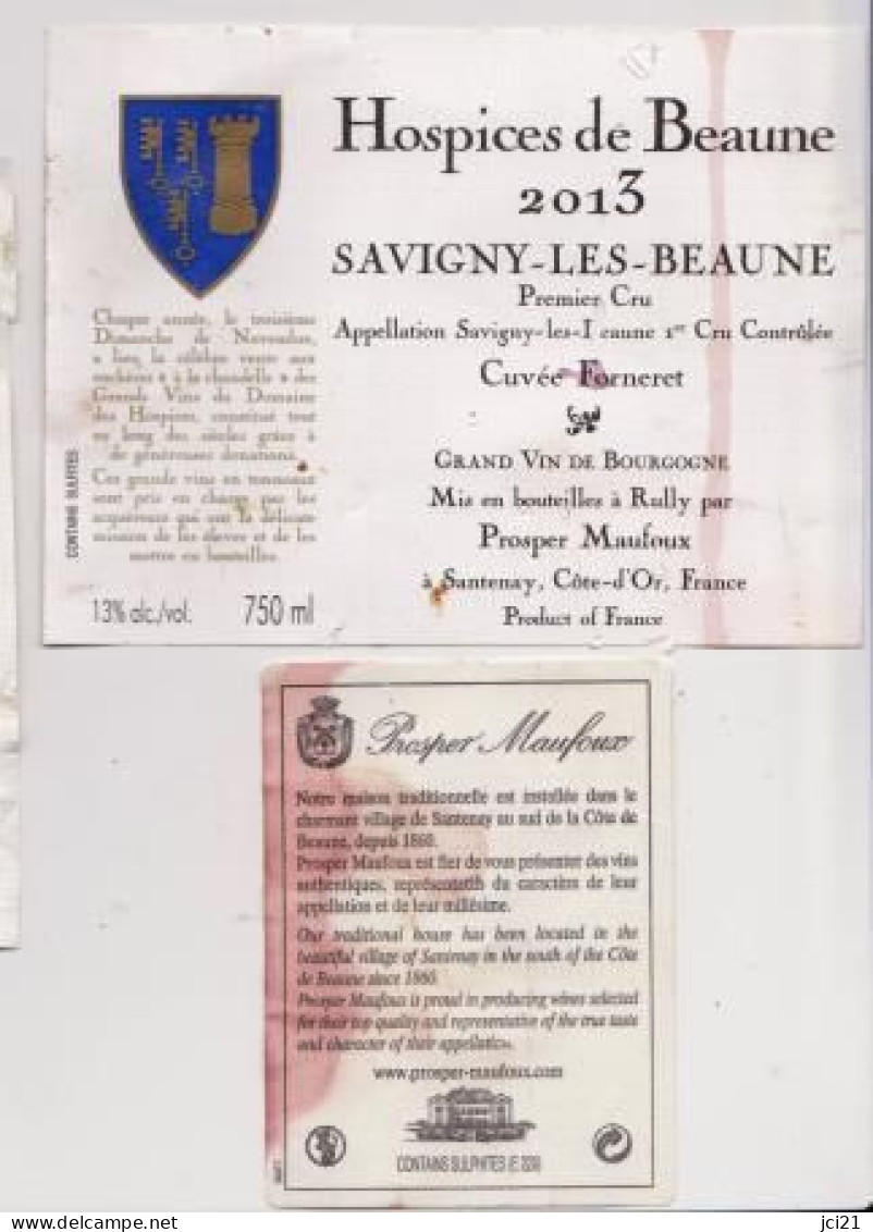 Etiquette Et Ccontre étiquette HOSPICES DE BEAUNE " SAVIGNY LES BEAUNE 1er Cru 2013 " Cuvée Forneret (2139)_ev522 - Bourgogne
