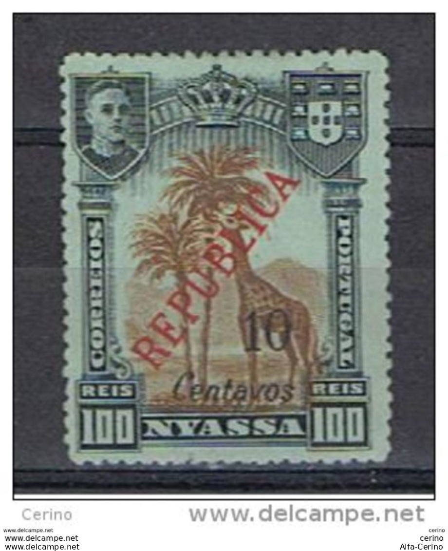 NYASSA:  1921  SOPRASTAMPATO  -  10 C./100 R. NERO  E  BISTRO  VERDE  S.G. -  YV/TELL. 92 - Nyasaland