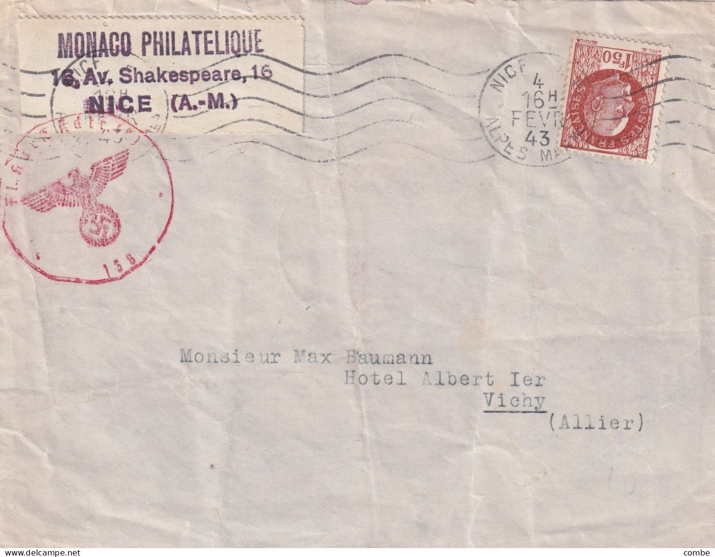 LETTRE. 4 FEV 43. PETAIN 1,50Fr. MONACO PHILATELIE. NICE POUR VICHY. CACHET CENSURE ALLEMANDE - 1921-1960: Période Moderne