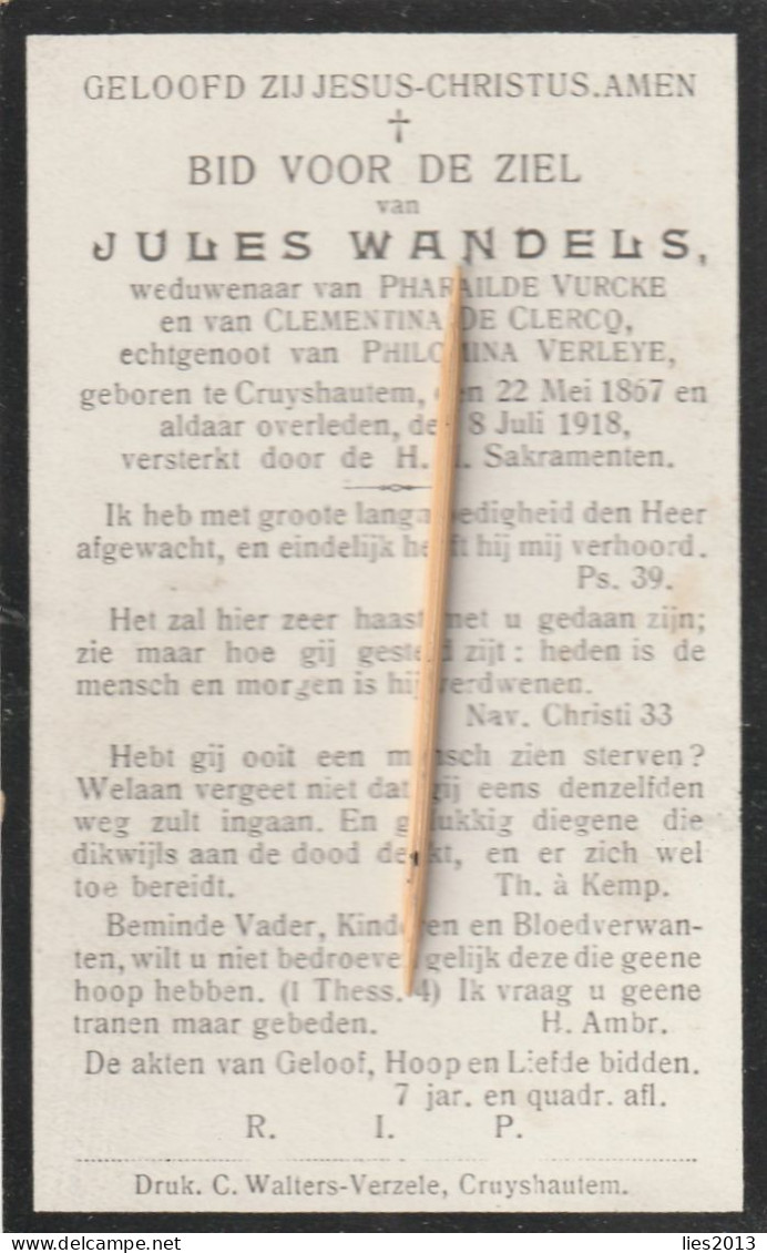 Kruishautem, Cruyshautem, 1918, Jules Wandels, Vurcke, De Clercq, Verleye - Devotieprenten