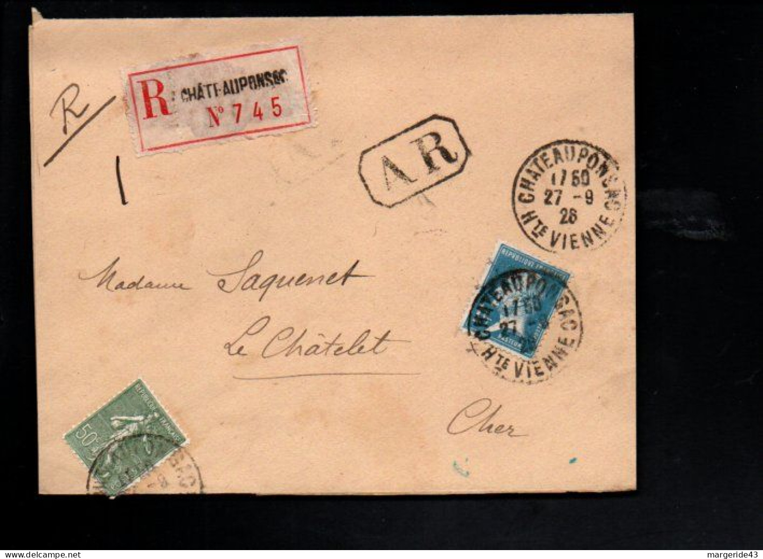 AFFRANCHISSEMENT COMPOSE SUR LETTRE RECOMMANDEE AR DE CHATEAUPONSAC 1926 - Tarifas Postales
