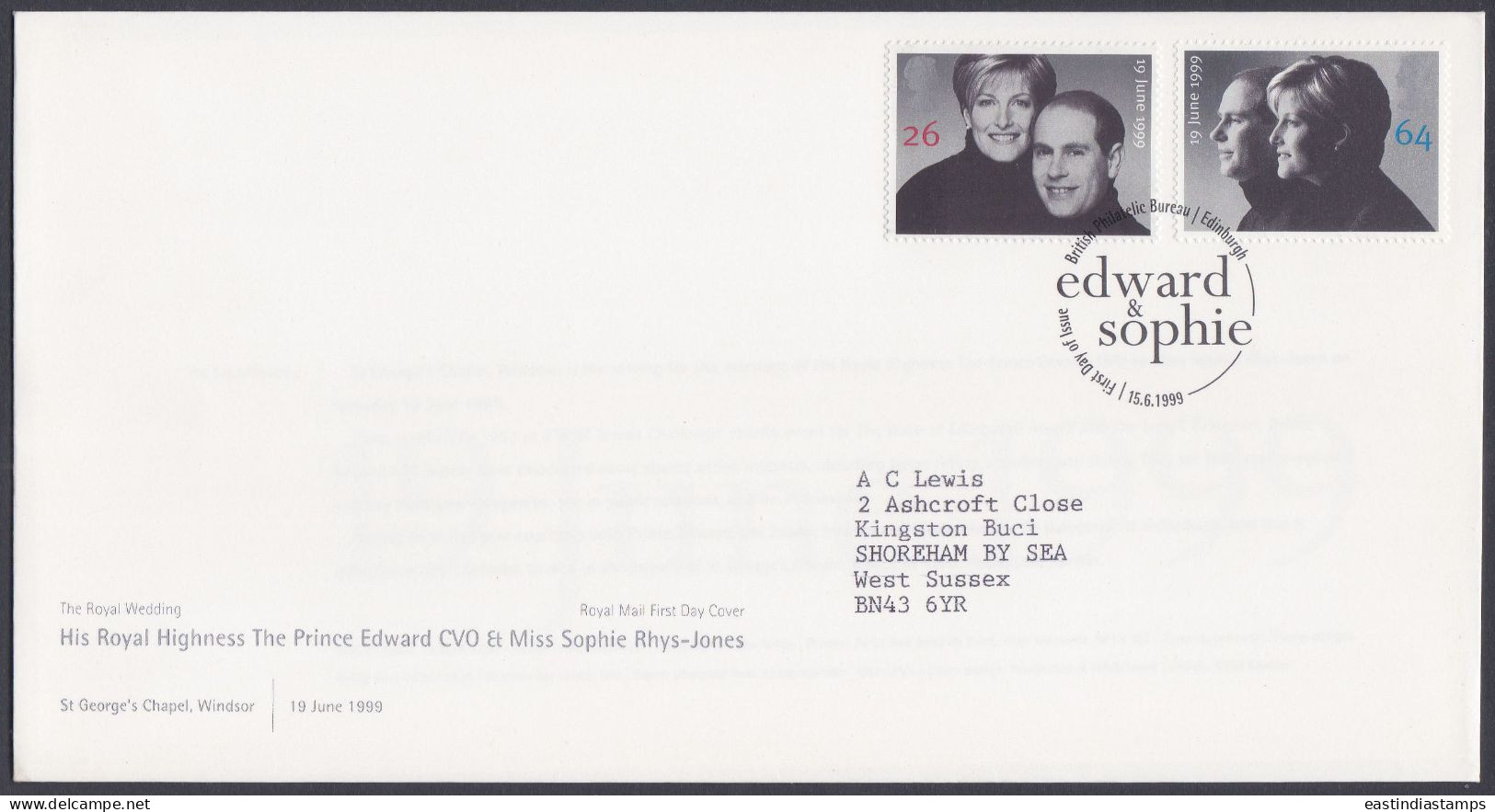 GB Great Britain 1999 FDC Edward & Sophie, Prince, Royal, Royalty, British, Pictorial Postmark, First Day Cover - Brieven En Documenten