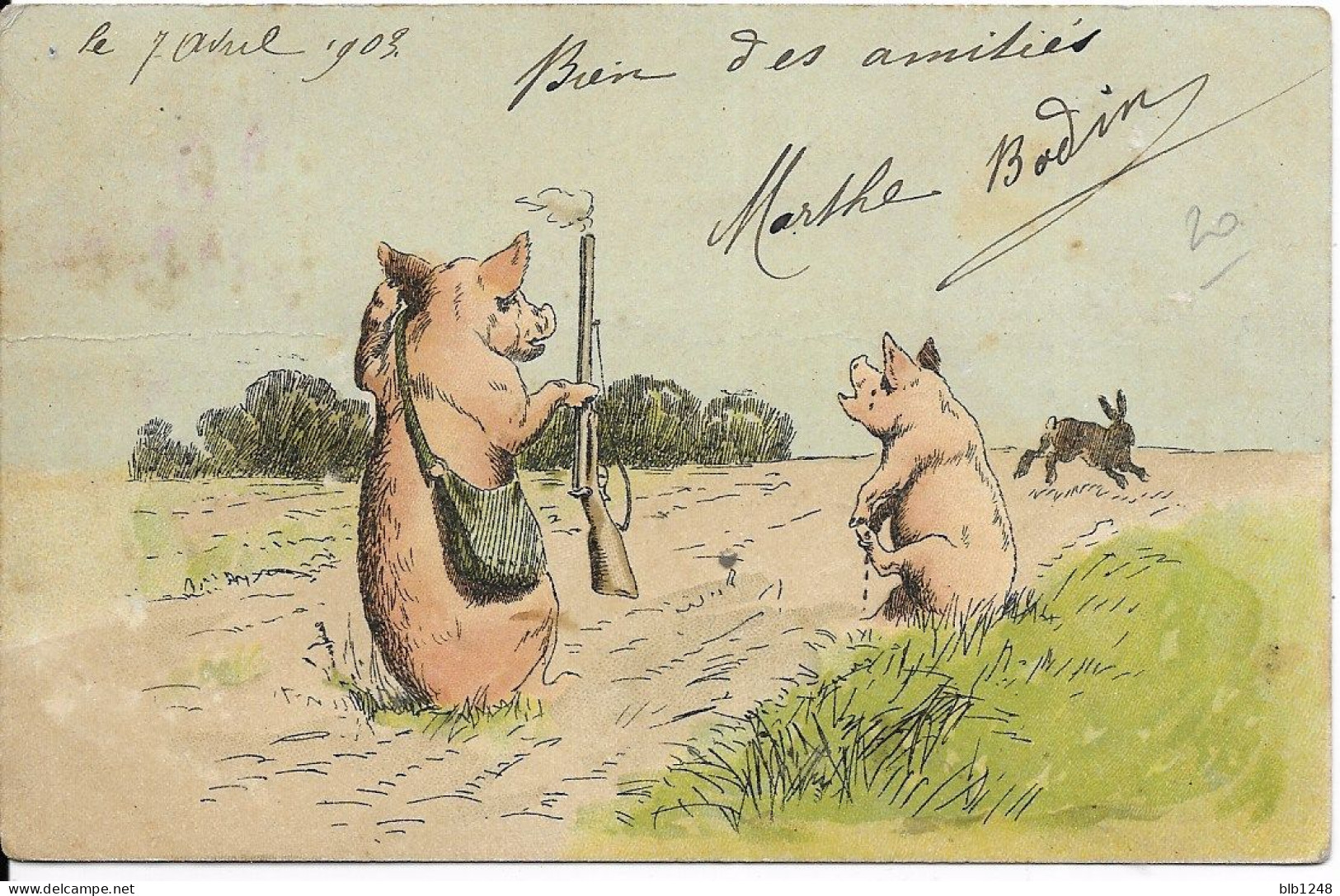 Fantaisies > Animaux Habillés  Cochons à La Chasse Lapin - Dressed Animals