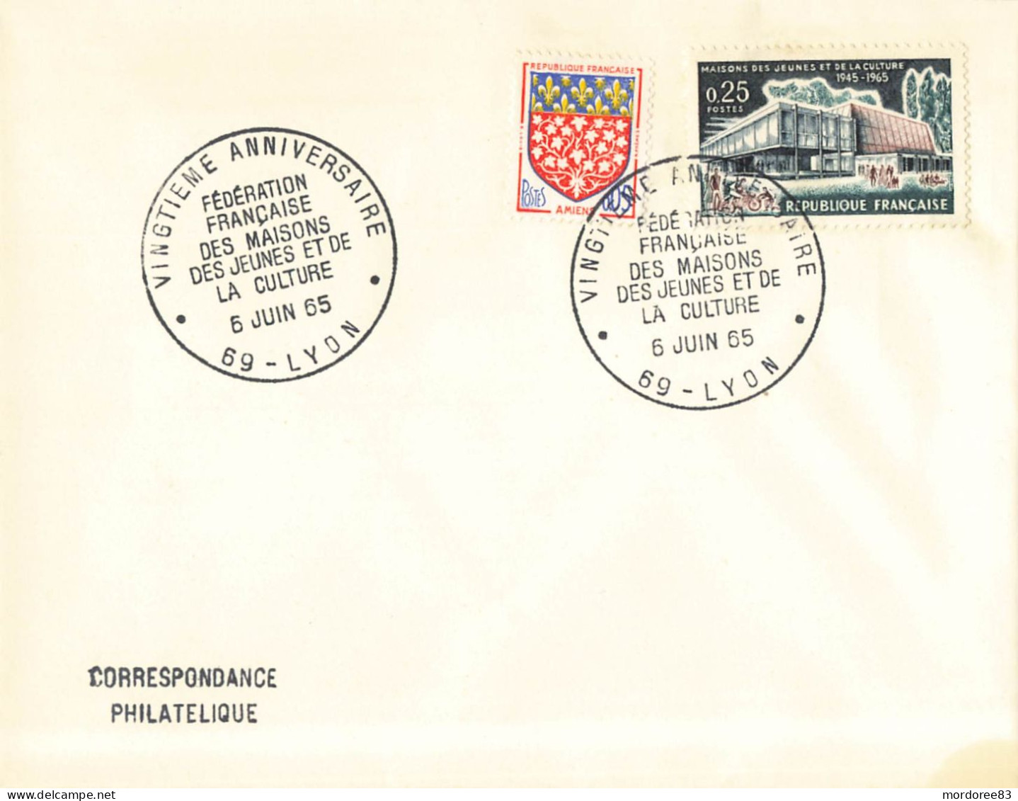 Enveloppe FRANCE Oblitération Vingtième Anniversaire Des Maisons De Jeunes Et De La Culture LYON 06/06/1965 - Gedenkstempel