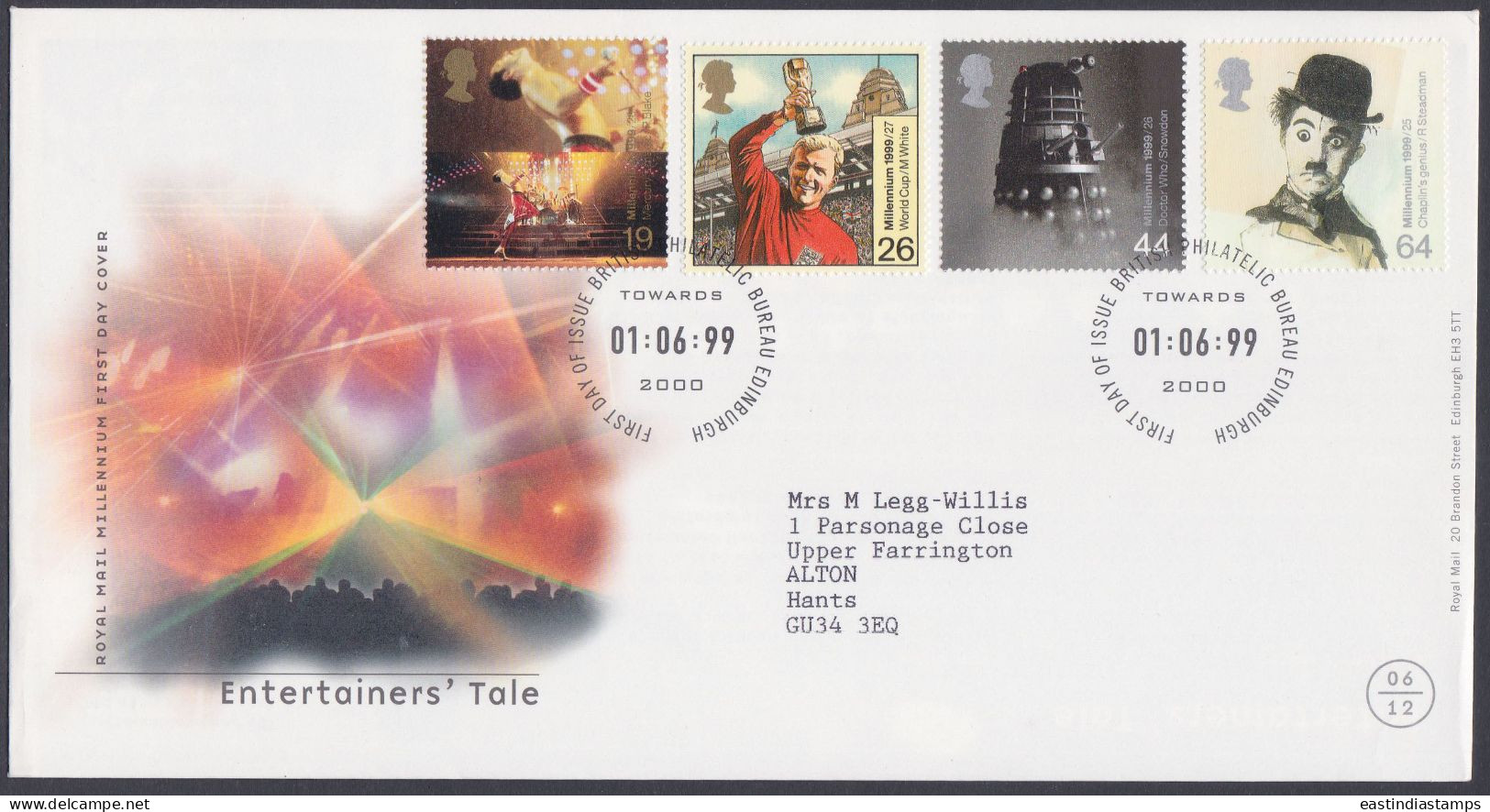 GB Great Britain 1999 FDC Entertainers' Tale, Charlie Chaplin, Film, Football, Music Pictorial Postmark, First Day Cover - Lettres & Documents