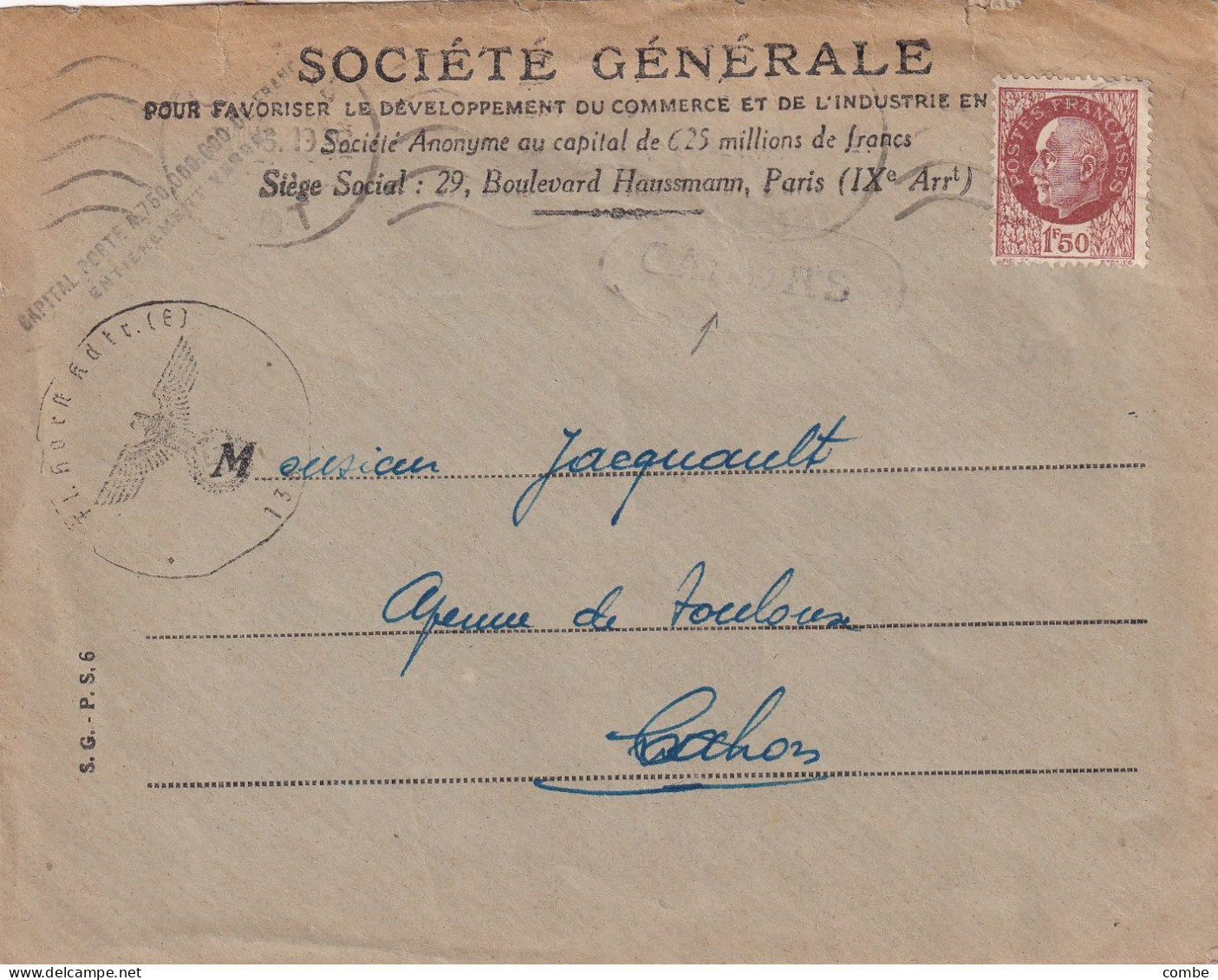 LETTRE. PETAIN 1,50Fr. SOCIETE GENERALE. GRIFFE LINEAIRE. CAHORS. CACHET CENSURE ALLEMANDE. POUR CAHORS - 1921-1960: Période Moderne