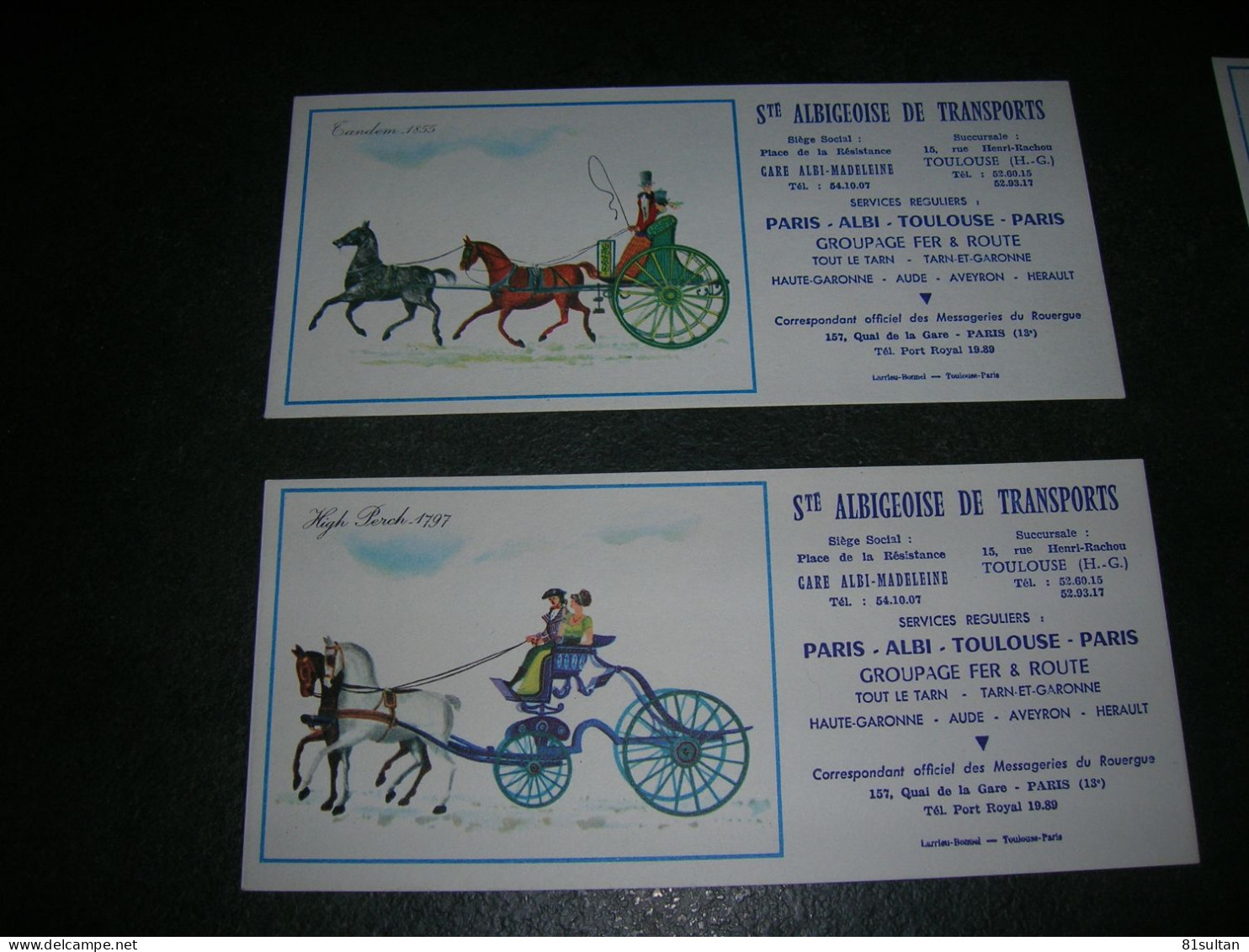 2 Buvard 22x10 Larrieu Bonnel Societe Albi Toulouse De Transport Voiture Ancienne Tandem 1855 High Perch 1797 TB - Transports