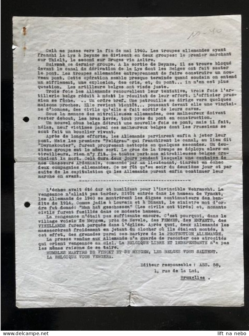 Tract Presse Clandestine Résistance Belge WWII WW2 Text Sur Les Martyrs De Vynckt (Celà Se Passe Vers La Fin Mai 1940... - Documents