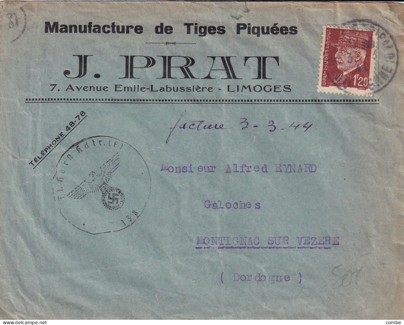 LETTRE. 3 3 44. PETAIN 1,20Fr. J.PRAT. TIGES PIQUEES. CACHET CENSURE ALLEMANDE. LIMOGES POUR MONTIGNAC SUR VEZERE - 1921-1960: Modern Period