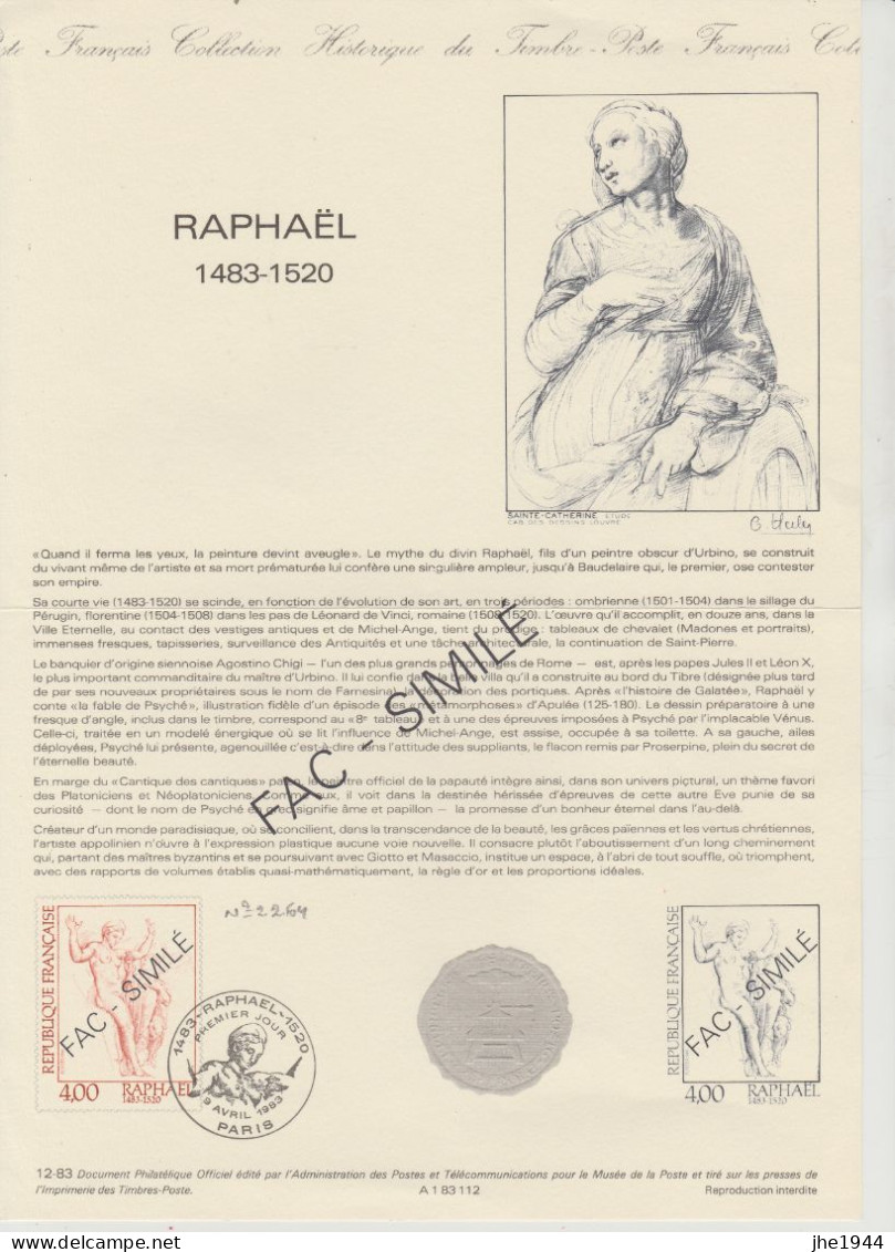 France Divers Fac-Similé N° 2264 Raphaël Cachet 1 Er Jour 9 Avril 1983 - Documentos Del Correo