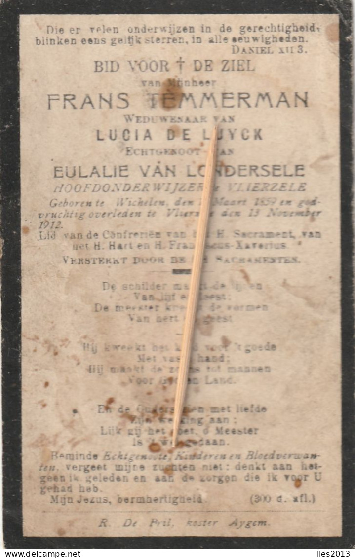Wichelen, Vlierzele, 1912, Frans Temmerman, De Luyck, Van Londersele - Devotieprenten