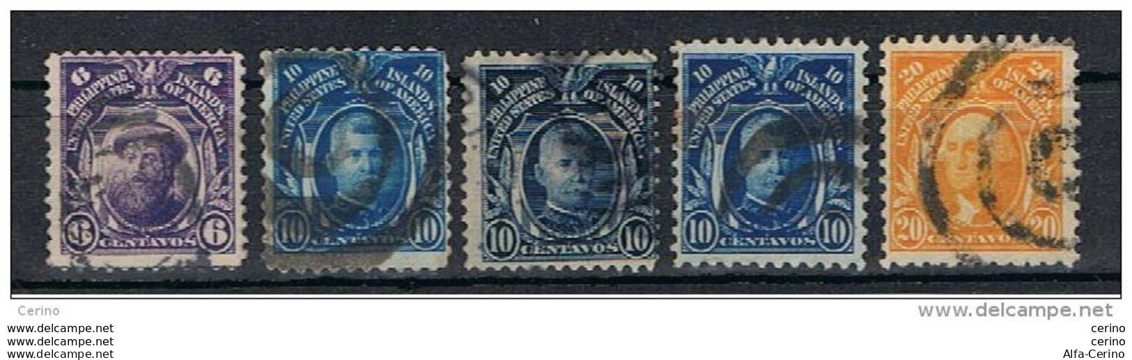 PHILIPPINES:  1906/14  FAMOUS  MEN  -  LOT  5  USED  STAMPS  -  YV/TELL. 206//212 - Filipinas