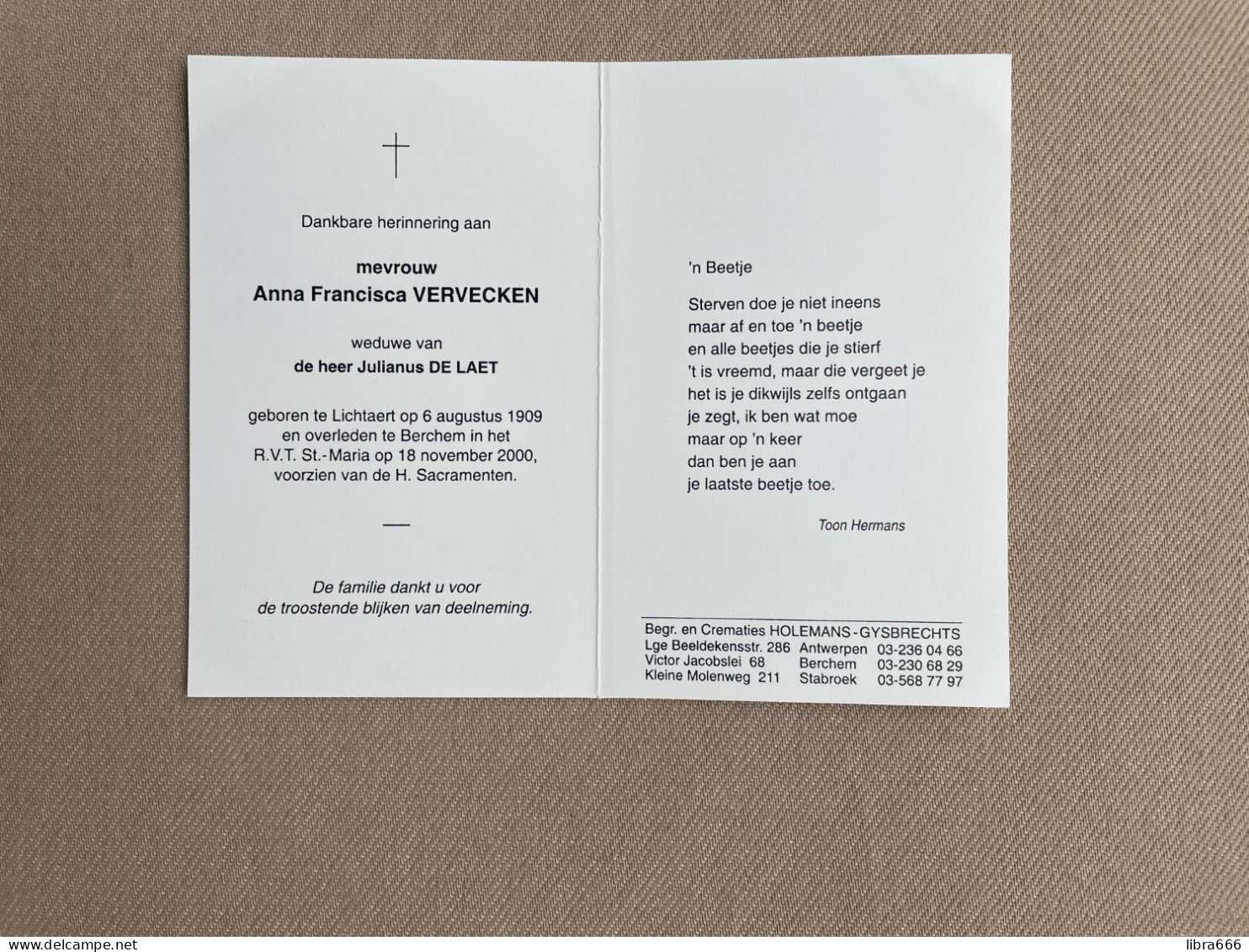 VERVECKEN Anna Francisca °LICHTAART 1909 +BERCHEM 2000 - DE LAET - Obituary Notices
