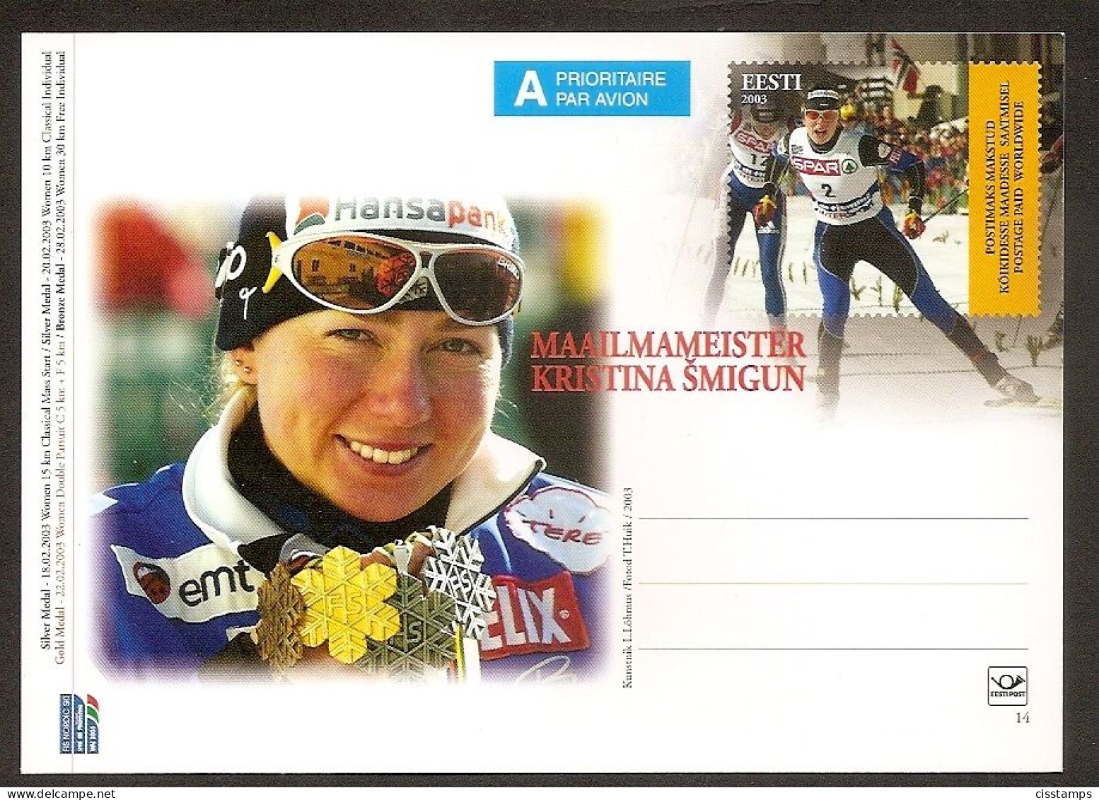 Estonia 2003●K Schmigun World Champion Skiing●Postal Stationery●●Ganzsache N14 - Estonie