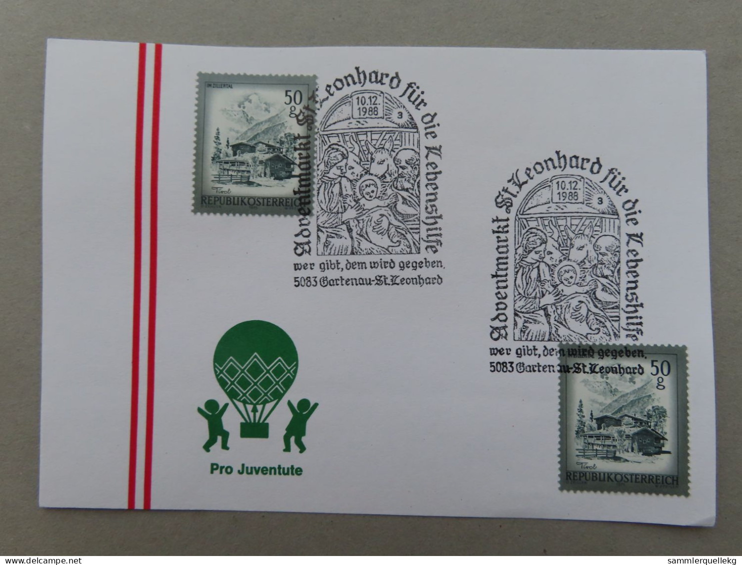 Österreich Pro Juventute - Mit Sonderstempel 10. 12. 1988 Gartenbau-St. Leonhard, Adventmarkt St. Leonhard (Nr.1024) - Autres & Non Classés