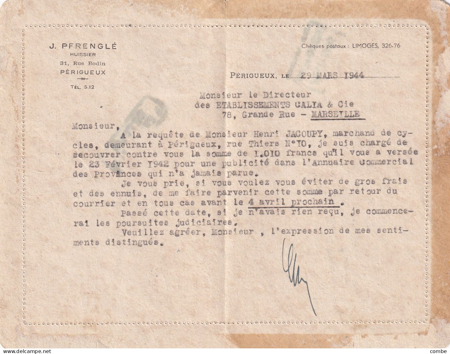 LETTRE. PETAIN 1,50Fr. 30 MARS 1944. PERIGUEUX POUR MARSEILLE. CACHET CENSURE ALLEMANDE. RETOUR A L'ENVOYEUR. PARTI SANS - 1921-1960: Période Moderne