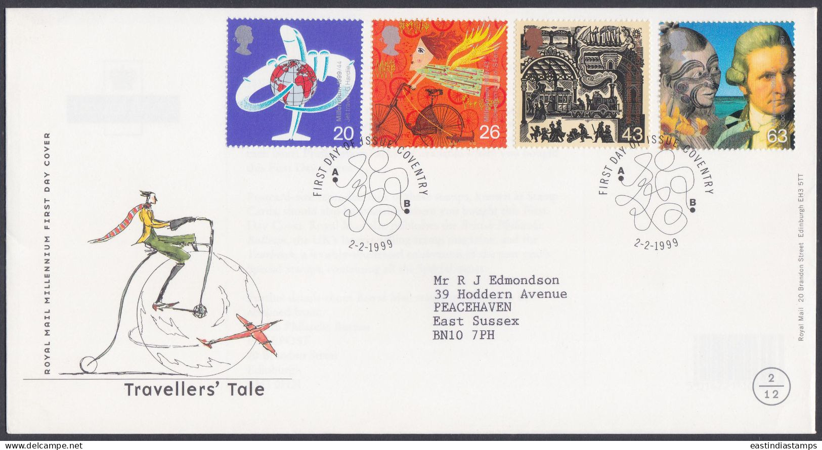 GB Great Britain 1999 FDC Travellers' Tale, Globe, Bicycle, Train, Captain Cook, Airplane, Railway, Pictorial Postmark - Lettres & Documents