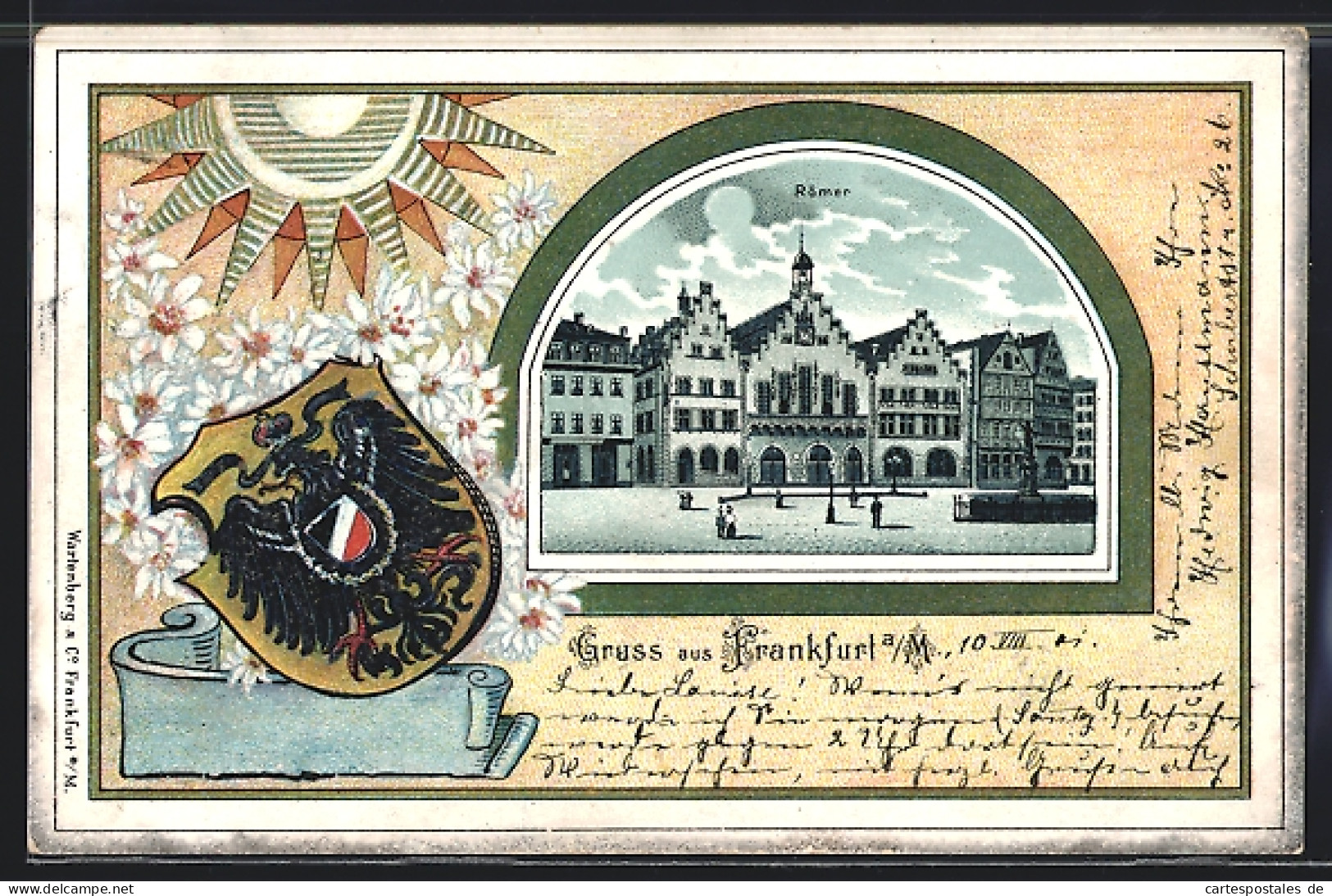 Lithographie Alt-Frankfurt, Römer Mit Denkmal, Wappen, Blumen, Sonne  - Frankfurt A. Main