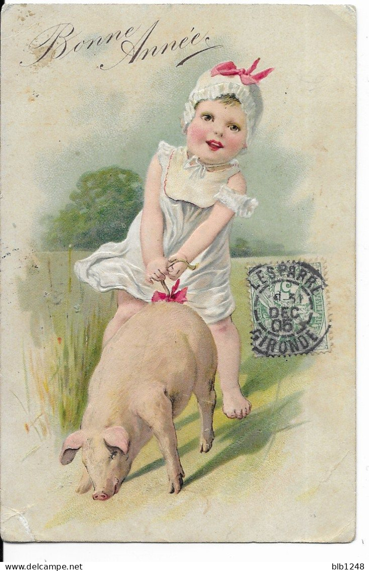 Animaux & Faune > Cochons Fillette à Califourchon Sur Un Cochon Carte Gaufrrée Bonne Année Illustrateur - Schweine