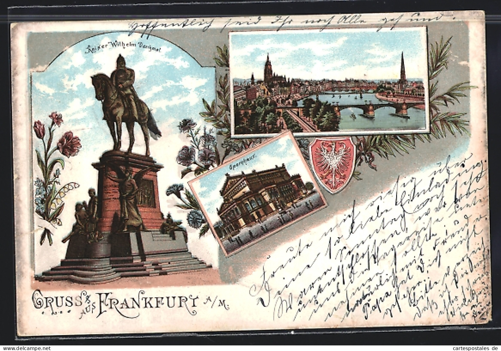 Lithographie Frankfurt /Main, Opernhaus Und Kaiser Wilhelm Denkmal  - Frankfurt A. Main