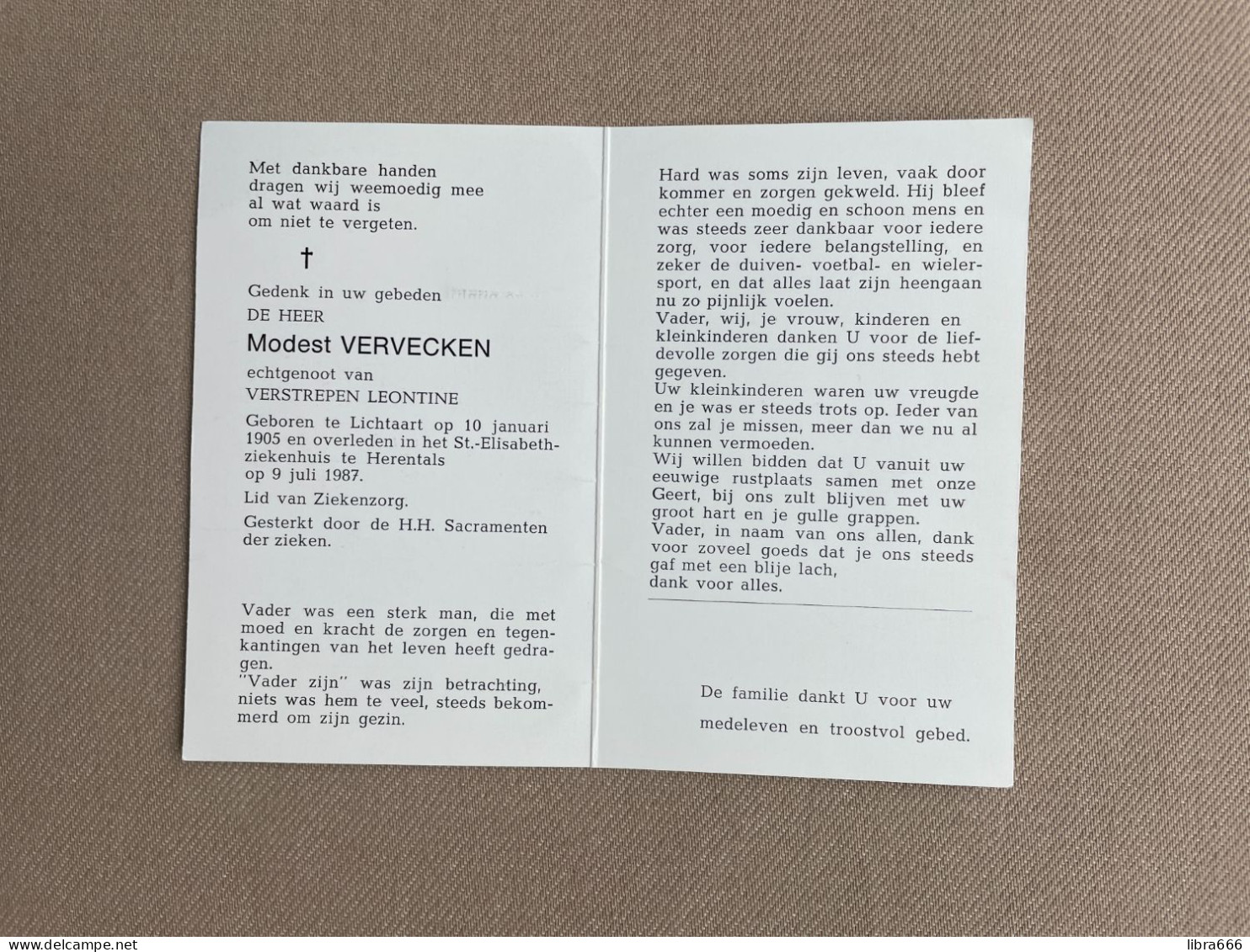 VERVECKEN Modest °LICHTAART 1905 +HERENTALS 1987 - VERSTREPEN - Todesanzeige